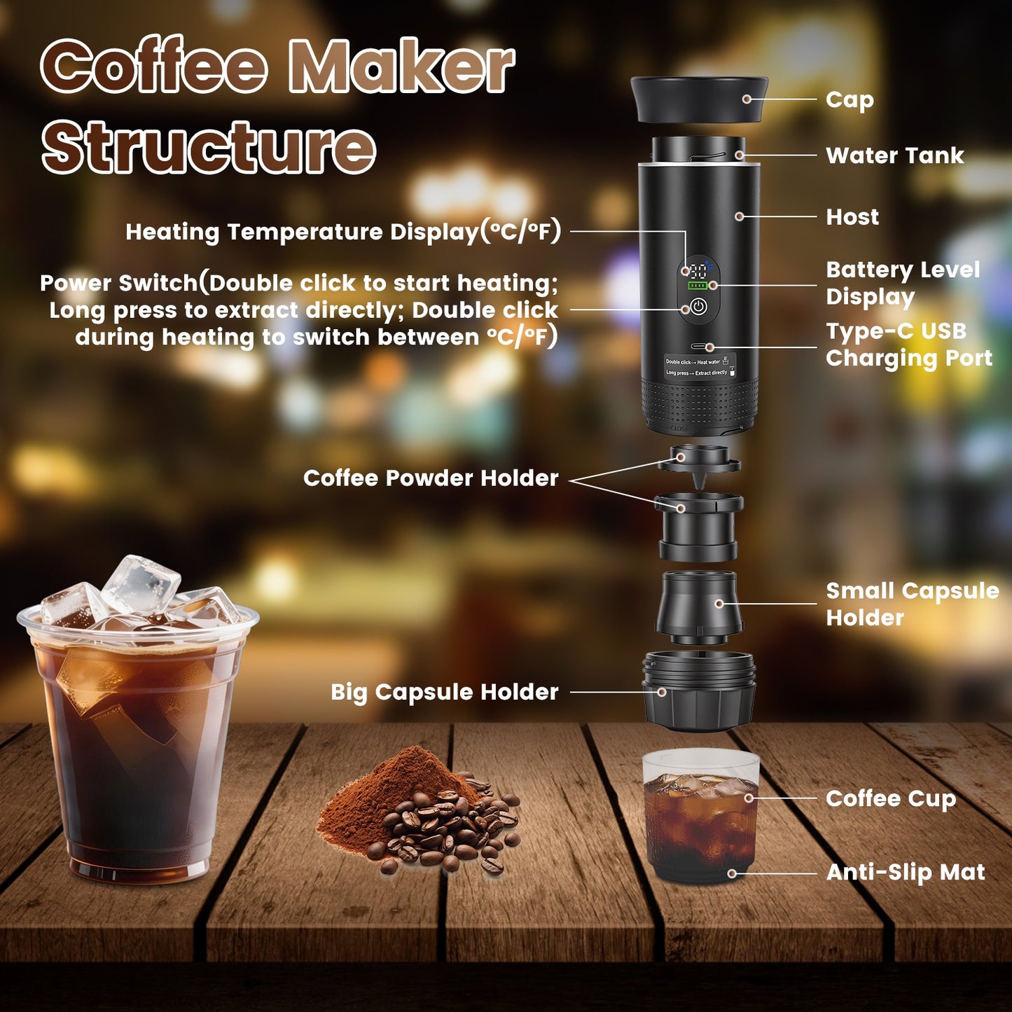 3 In 1 Portable Espresso Machine Cordless Self Heating Coffee Maker With 7500mAh Battery Heating 20Bar Pressure Anti Dry Burn Fit For Ground Coffee Capsules For Camping Hiking RV Home
